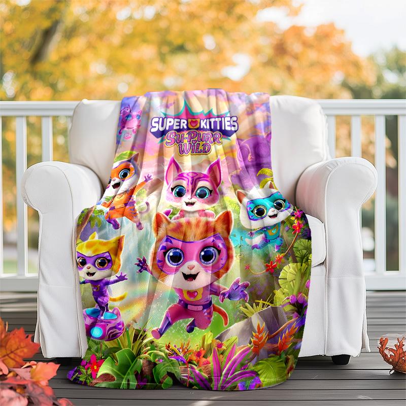 1pc Super Kitties Adventures1 Theme Soft Flannel Throw Blanket - Digital Print, Polyester, Cozy for All Seasons, Perfect for Outdoor, and Travel