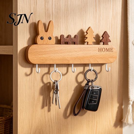 Wall Mounted Key Holder Wooden with 5 Hooks, Cartoon House Theme Organizer, Multi Adhesive Rack for Purpose Hanging Keys Pet Leashes And Hats