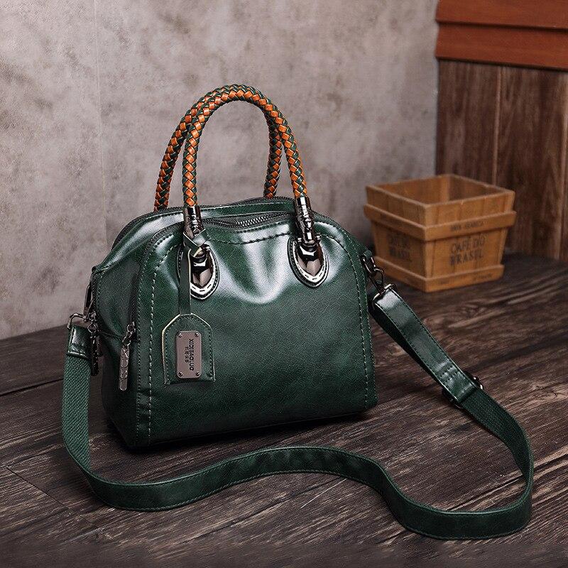 Johnature Oil Wax Leather Women Bag Retro Portable Handbag Solid Color Fashion Large Capacity Shoulder & Crossbody Bags