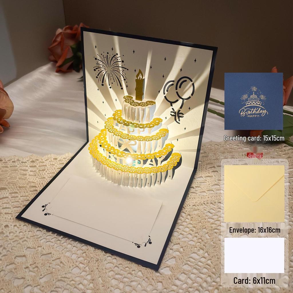 Dźwiękowa kartka urodzinowa 3D Pop-Up ze światłem do nagrywania - Wzór tortu na prezent dla chłopaka/dziewczyny