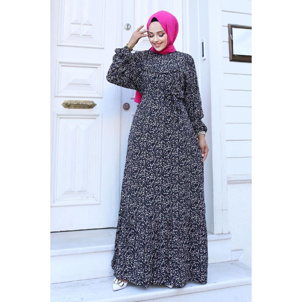 Ruffle Detailed Floral Viscose Dress Tsd240614 Black