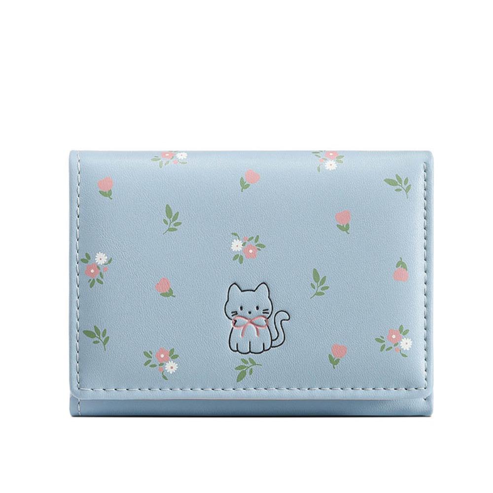 

INS Style Cute Cat Short Wallet Flowers Pattern PU Leather Coin Purse Tri-fold Mini Wallet Gifts синій