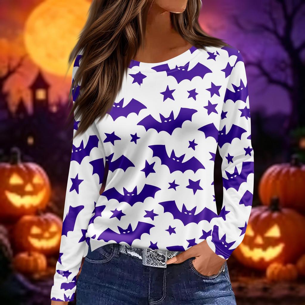 Women's Halloween Print Long Sleeve Round Neck Top with Hem Slits for Casual Fall Outings