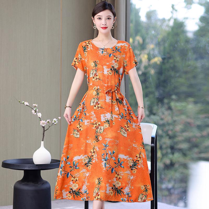 2023 Plus Size Floral Summer Cotton Dress for Middle-Aged Women