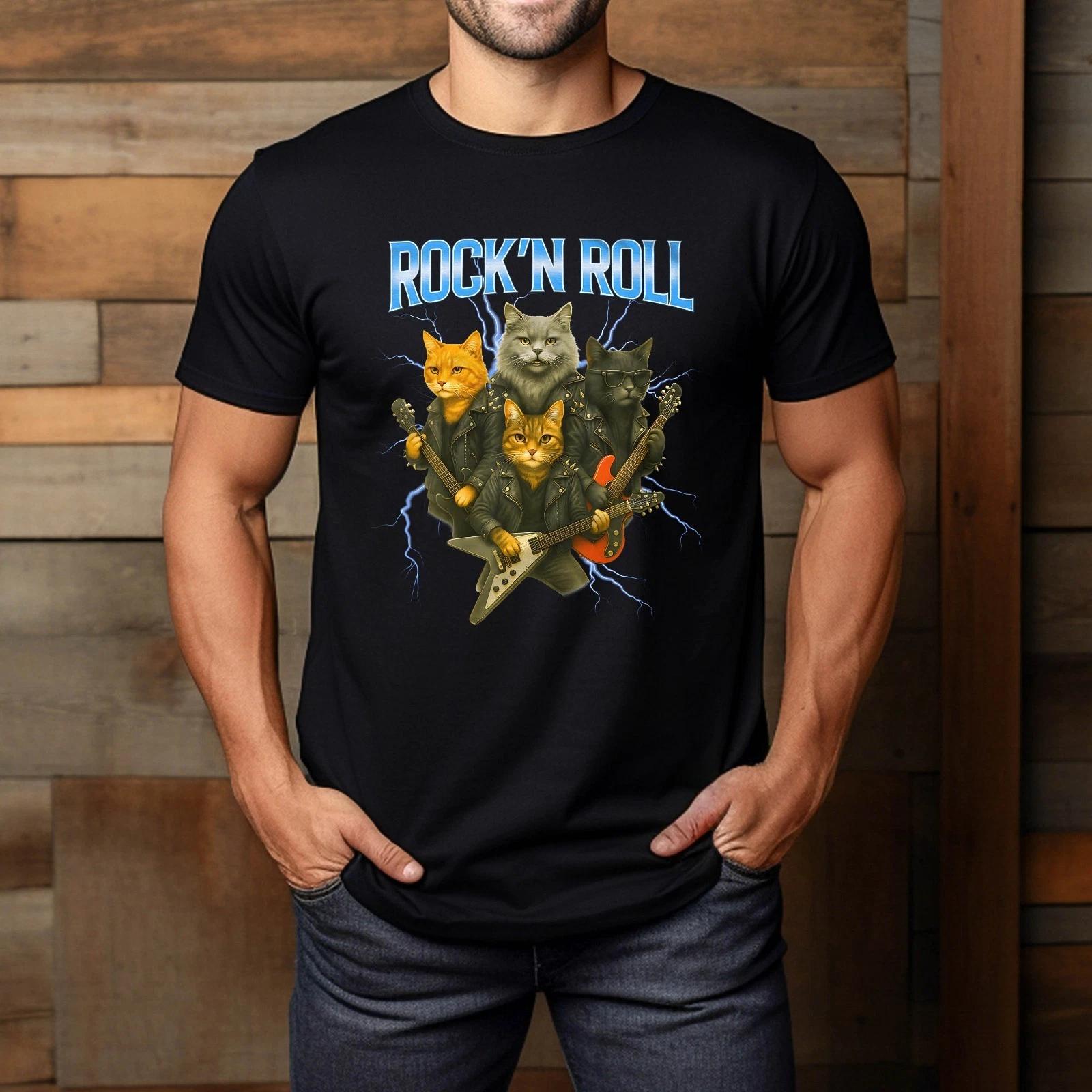 Cats Rock And Roll Band Cat Guitar Music Band Funny Animal T-Shirt XL