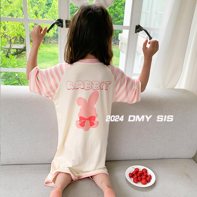 MYSIS Summer Kids' Modal Short Sleeve Split Leg Sleep Bag Romper 2-Way Skirt Pajamas with Baby Mask