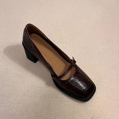 Weiches Schafsleder Retro Quadratische Spitze Helle Mündung Hoher Absatz Kleine Lederschuhe Französischer Dicker Absatz Mary Jane Einzelne Schuhe Damenschuhe