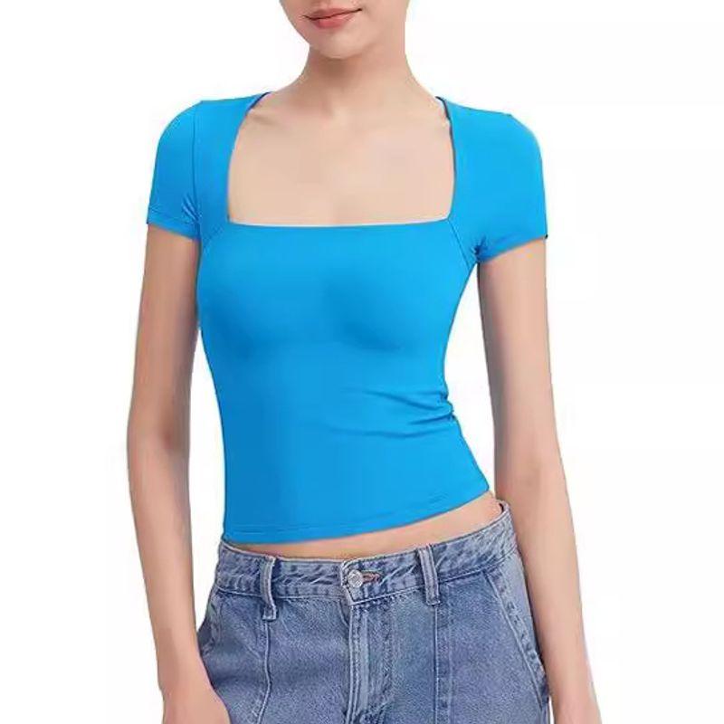 Solid Color Square Neck Short Sleeved Top Pure Color Square Collar Short Sleeve Tops Female