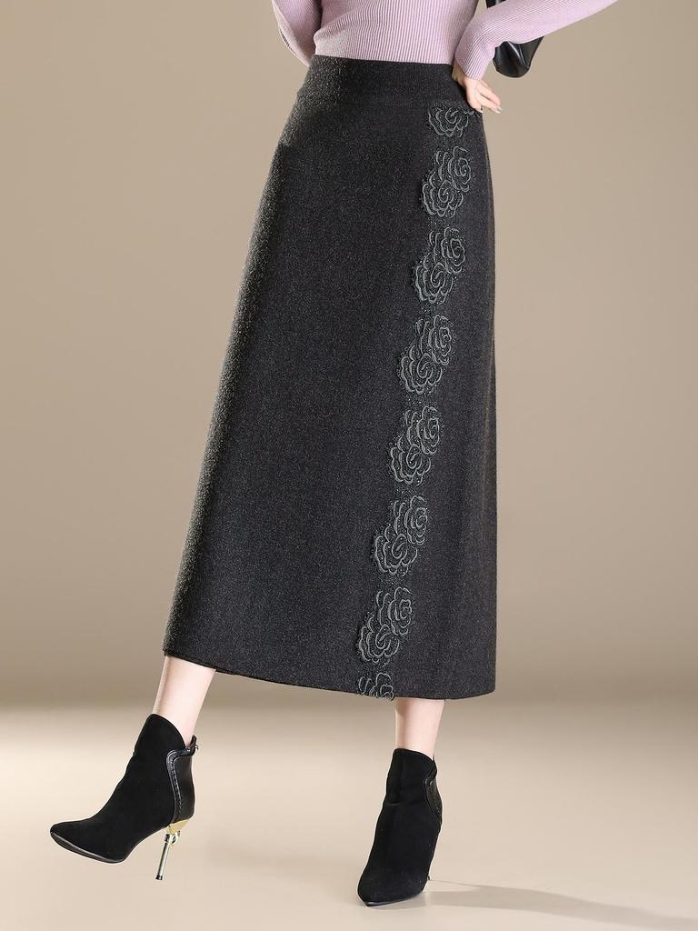 2026 Peony Lace Stretchy Knit Midi Bodycon Skirt