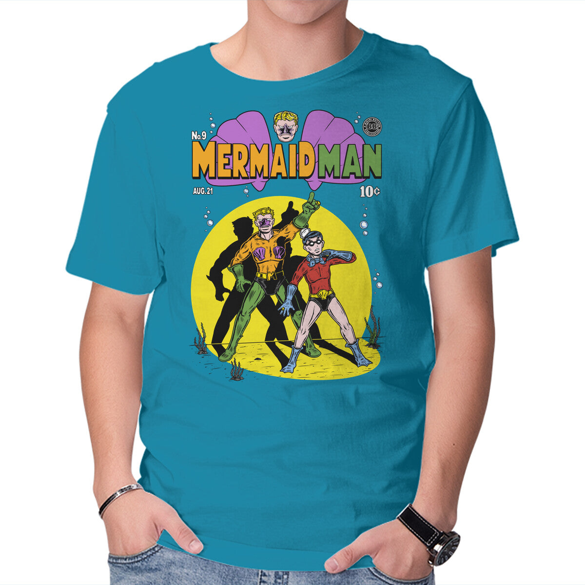 Unisex Crew Neck T-Shirt Mermaid Man Graphic Short Sleeve Casual Tee S