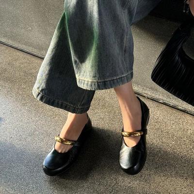 Wersja ze skóry owczej~ retro metalowa klamra buty Mary Jane okrągły nosek z płytkim wycięciem pojedyncze buty damskie wszechstronne na płaskiej podeszwie buty babci