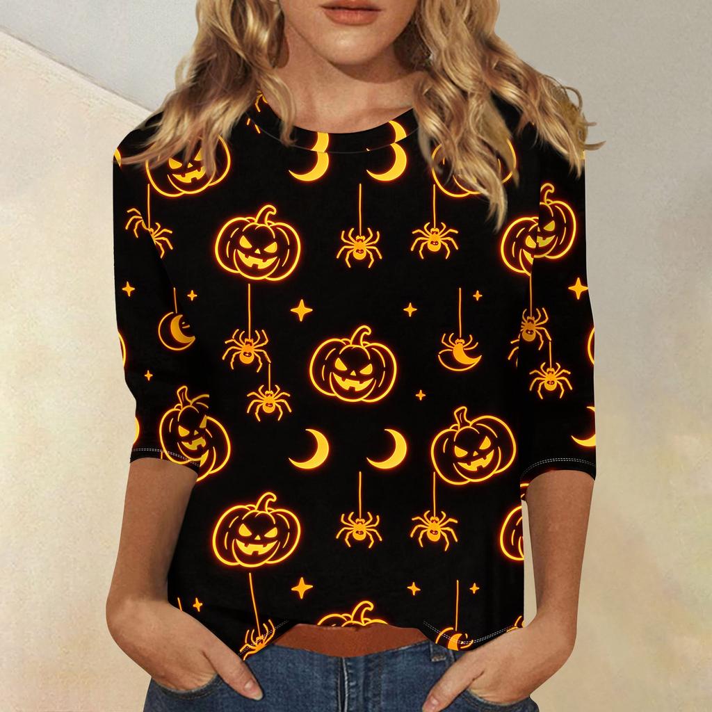 Women Casual 3/4 Sleeve Halloween Print Crew Neck Top Lightweight Soft Fabric Comfortable Fit Stretchy Material