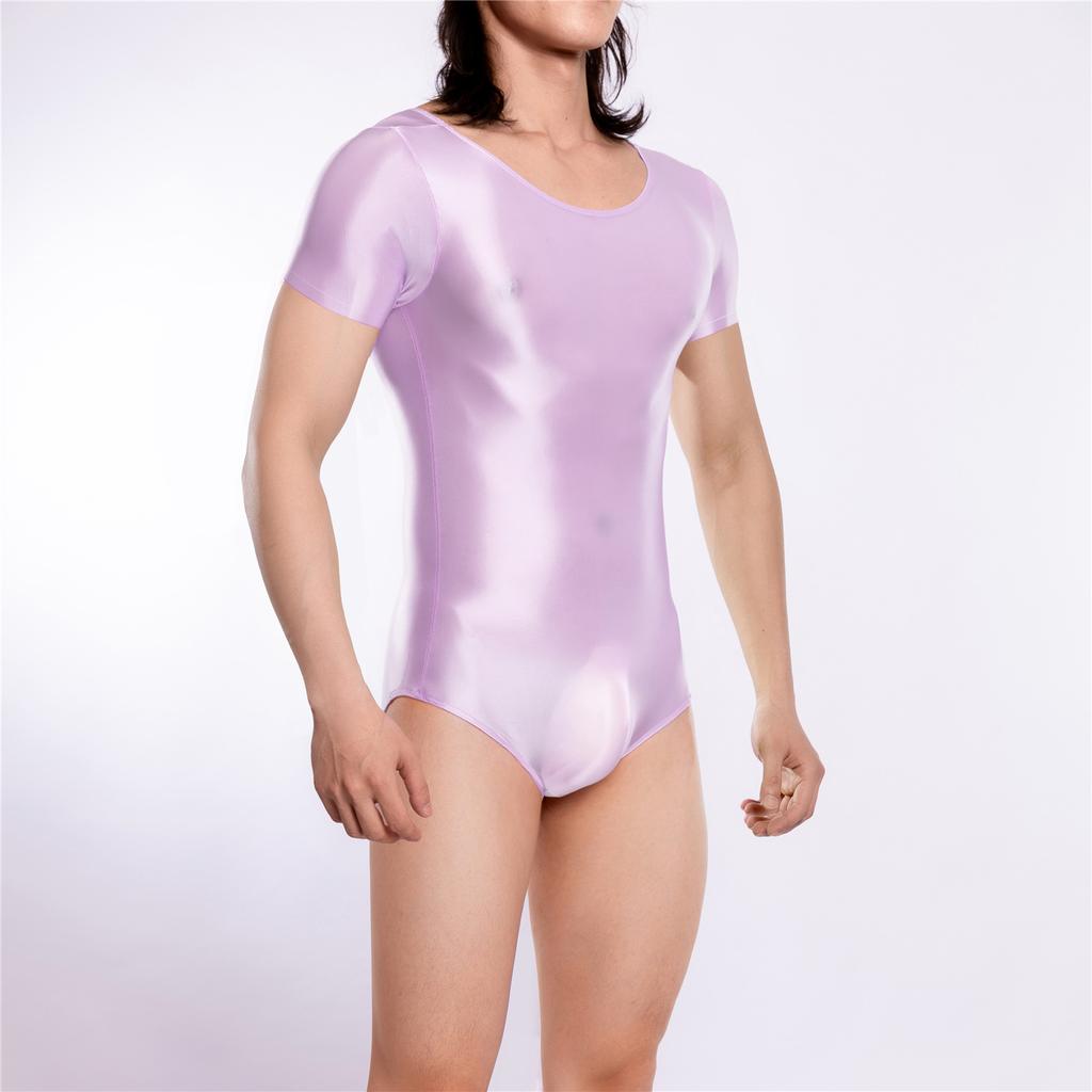 Sexy Men Sheer See Through High Cut Bodysuit Oil Glossy Shiny Maid Tights Stain Yoga Elastic Shaping Leotard Dance Wear