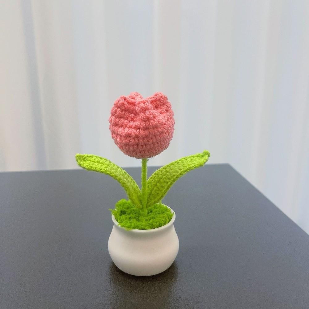 DIY Handmade Knitted Flowers Woolen Handcrafted Bonsai New Tulips Crochet Flower Potted  Home Decor