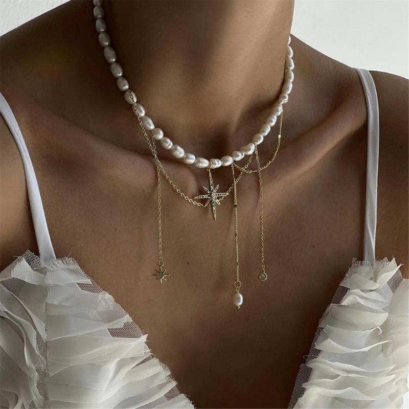Vielseitiger Hexagramm-Anhänger Halskette Verstellbare Legierungskette Mit Perlenakzent Quasten Verzierungen Stilvoller Schmuck