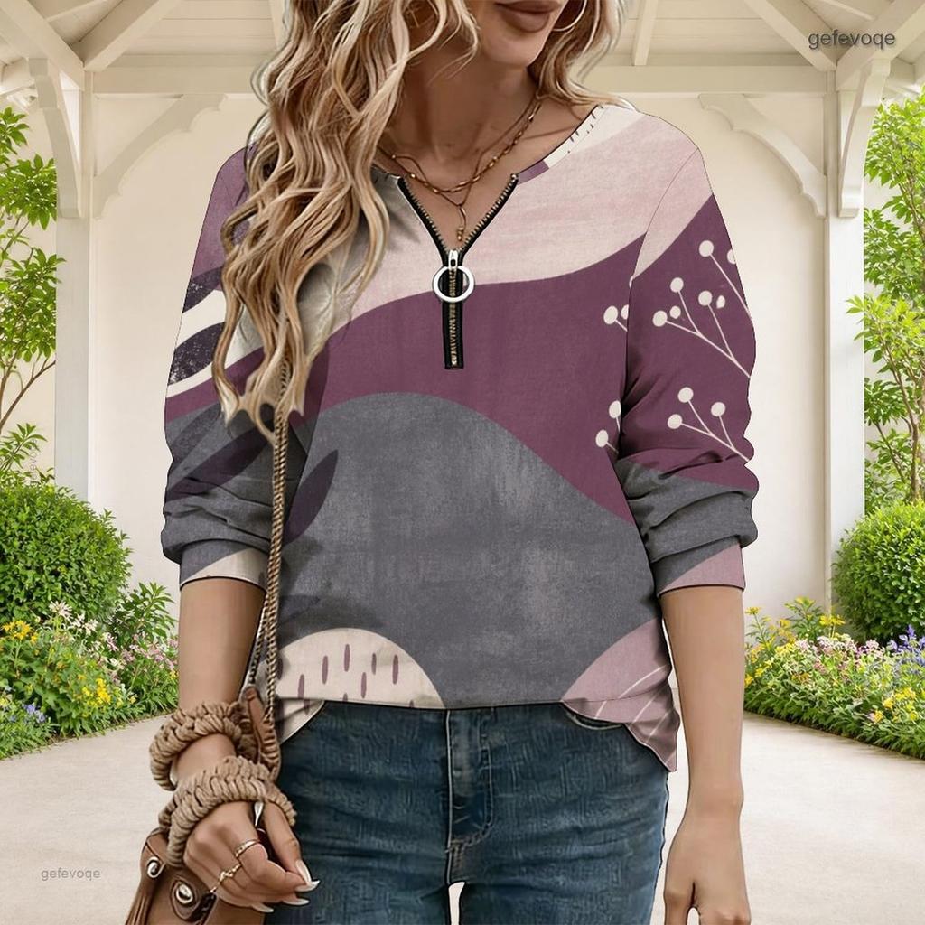 Women Plus Size V Neck Front Zip Long Sleeve Geometric Printed Sweatshirt Off White Black Orange
