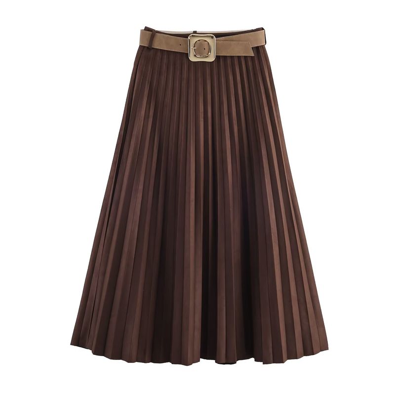 Za Autumn New Women's Clothing Zr European and American Style Fashion Belted Suede Pleated Midi Skirt 3046266