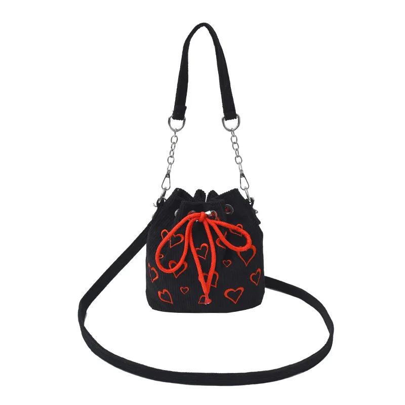 

Embroidered Thread Heart-shaped Handbag, Small, Fresh, Artistic and Versatile Striped Velvet Bucket Bag Hand Bags