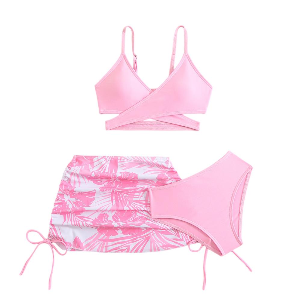 Piger To-delt Badedragt Sæt Tre-delt Tankini Bikini med Justerbare Stropper og Skørt Cover-up til Sommer Strand Pool Vandaktiviteter