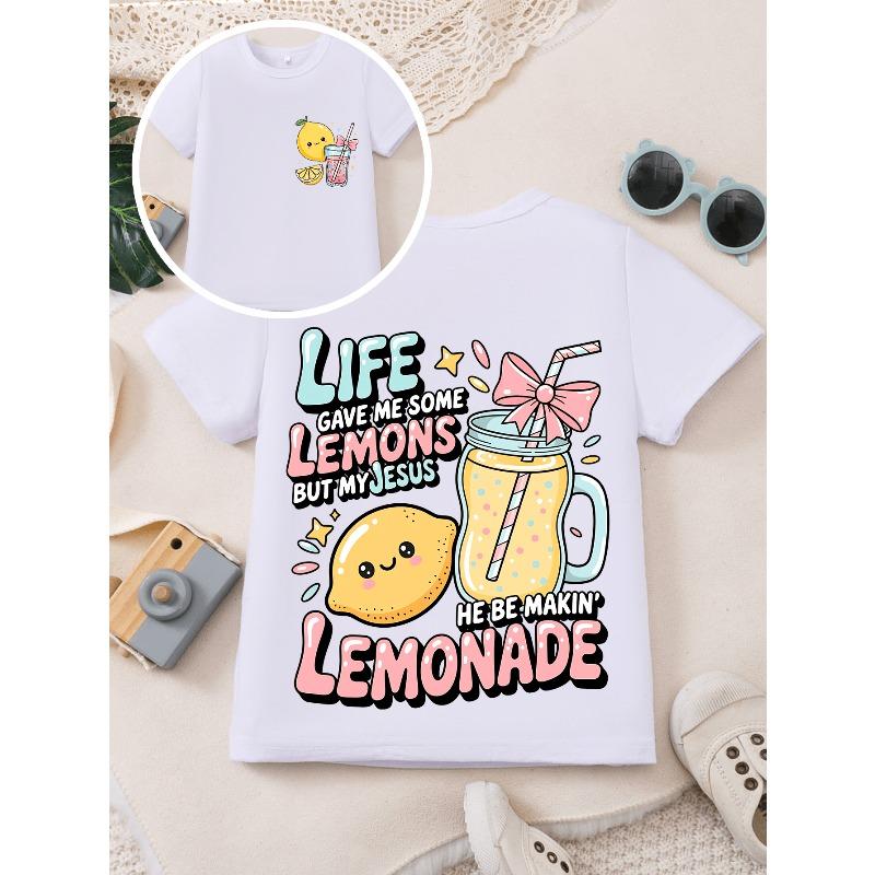 European sizes Double-Sided Printed Kids Short Sleeve T-Shirt Cute Cartoon Lemon And Lemonade Print Tee Sweet Casual Girls Top