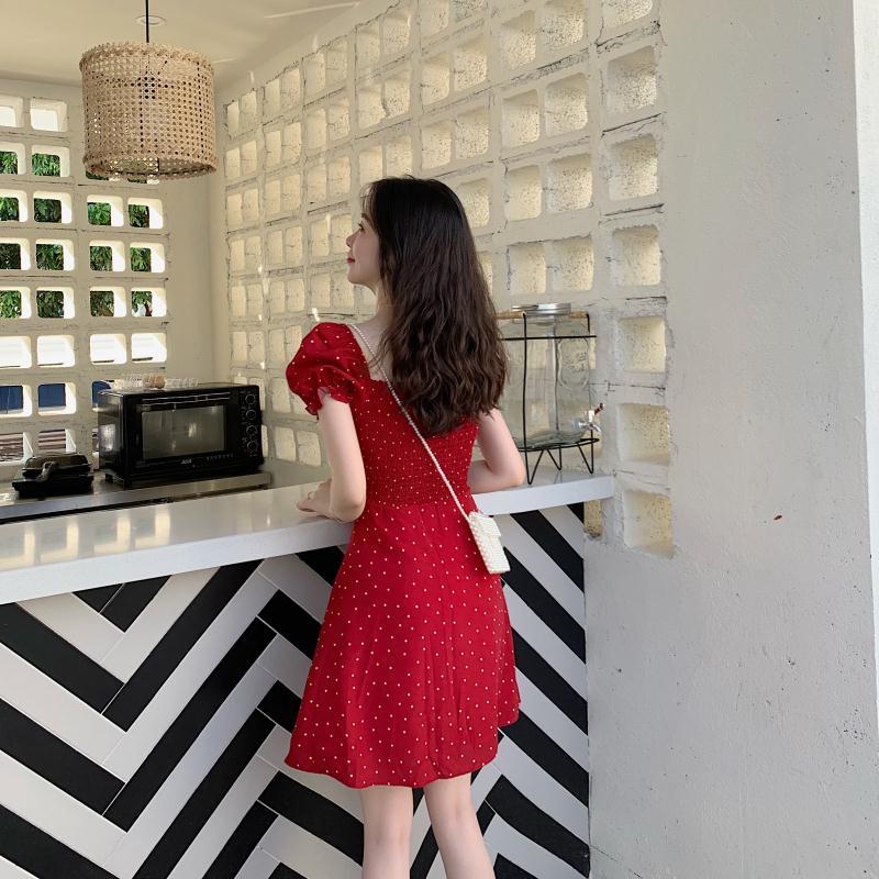 Mini rochie roșie cu buline de vară pentru femei, ocazional cu mâneci bufante, rochii scurte, la modă coreeană, haine cu guler pătrat pentru femei