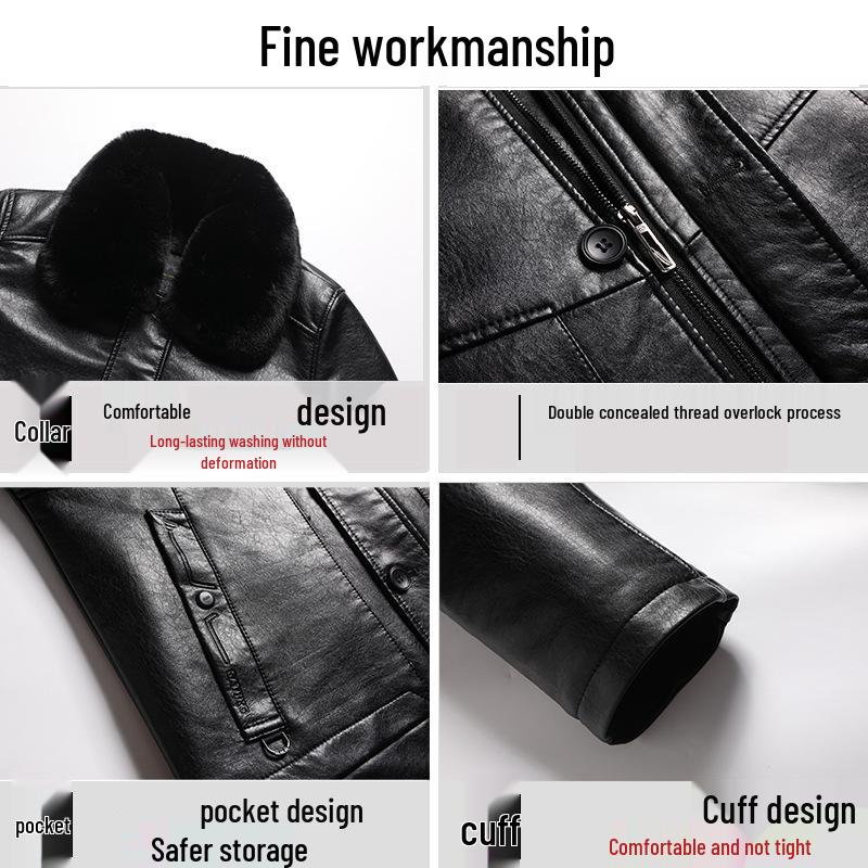 Woodpecker Men's Warm Leather Jacket for Dad and Grandpa - Plus Velvet Winter Coat