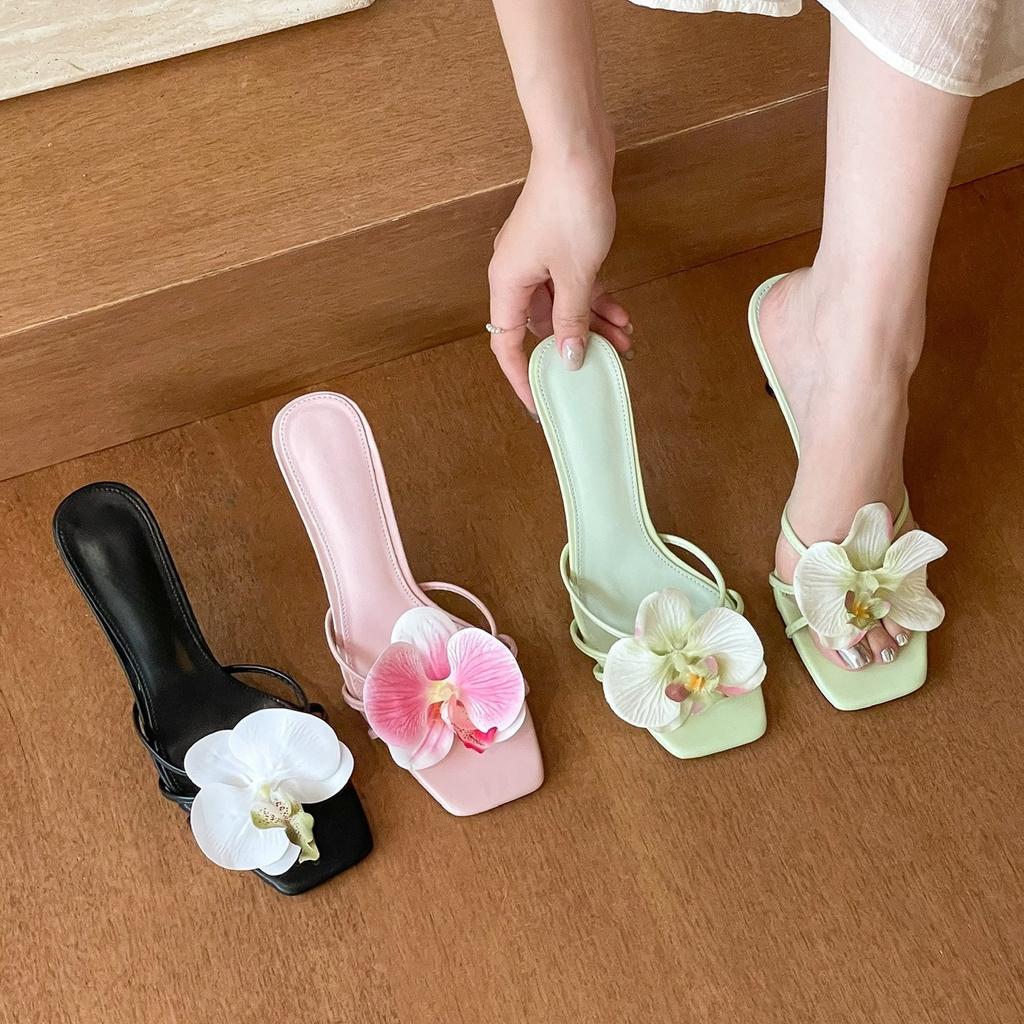 Konggu Youlan! So beautiful green orchid open-toed high heels for women, summer square head sandals for women
