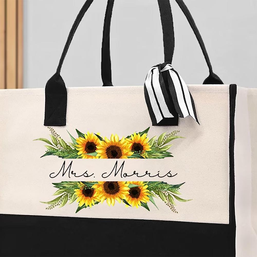 Personalized Sunflower Tote Bag Floral Gift for Mom Teacher Grandma Sunflower Lovers Birthday Bridal Shower Honeymoon Trip Gift