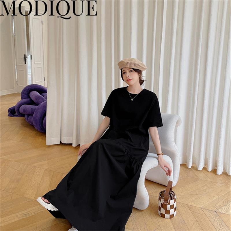 MODIQUE Summer Plus Size New Dress Shirt Women Loose Patchwork Cotton Linen Basics Folds A-Line Dress Solid Casual Female Dresses O-Neck
