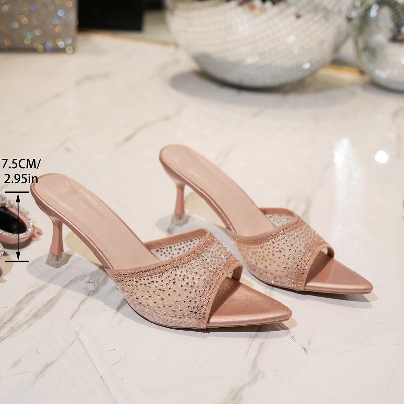 Fashion One Line Slippers Summer New Pointed Head Shallow Mouth Glitter Mesh Cloth Slip-on Wear-resistant High Heels