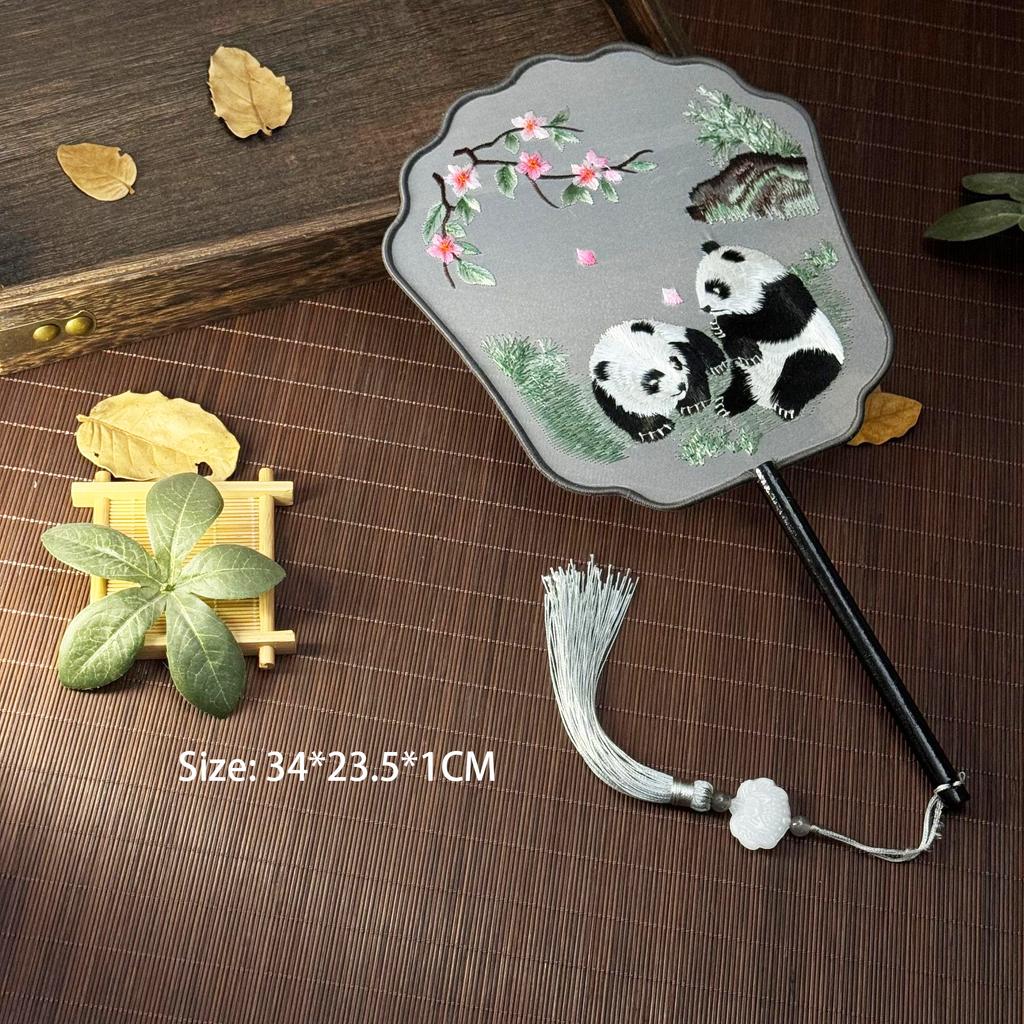 Chinese Style Eight Petal Embroidery Round Fan with Wooden Handle Portable Printed Vintage Fan Dance Wedding Favors