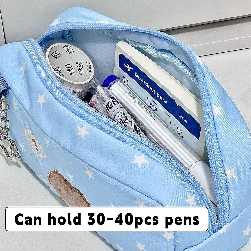 Multifunctional Blue Pen Bag Star Cat Pattern Large Capacity Pencil Case Portable Handheld Stationery Organizer Gift