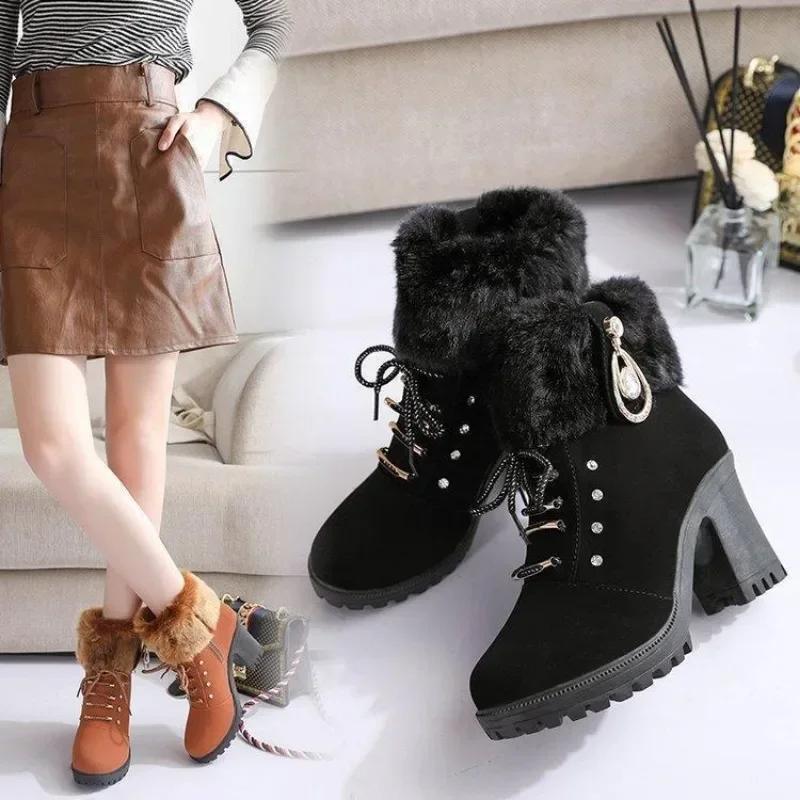 Wildleder Damenstiefel Winter Casual High Heels Schuhe für Damen Neu Kurzes Plüsch High Platform Stiefeletten Vielseitige Kurze Botas Mujer