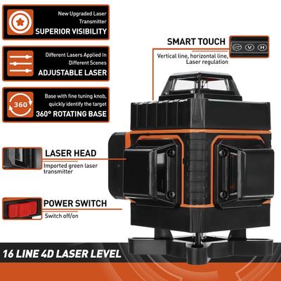 16 Lines 4D Green Laser Levels 360 Horizontal &Vertical Cross Lines With Auto Self-Leveling Super Powerful