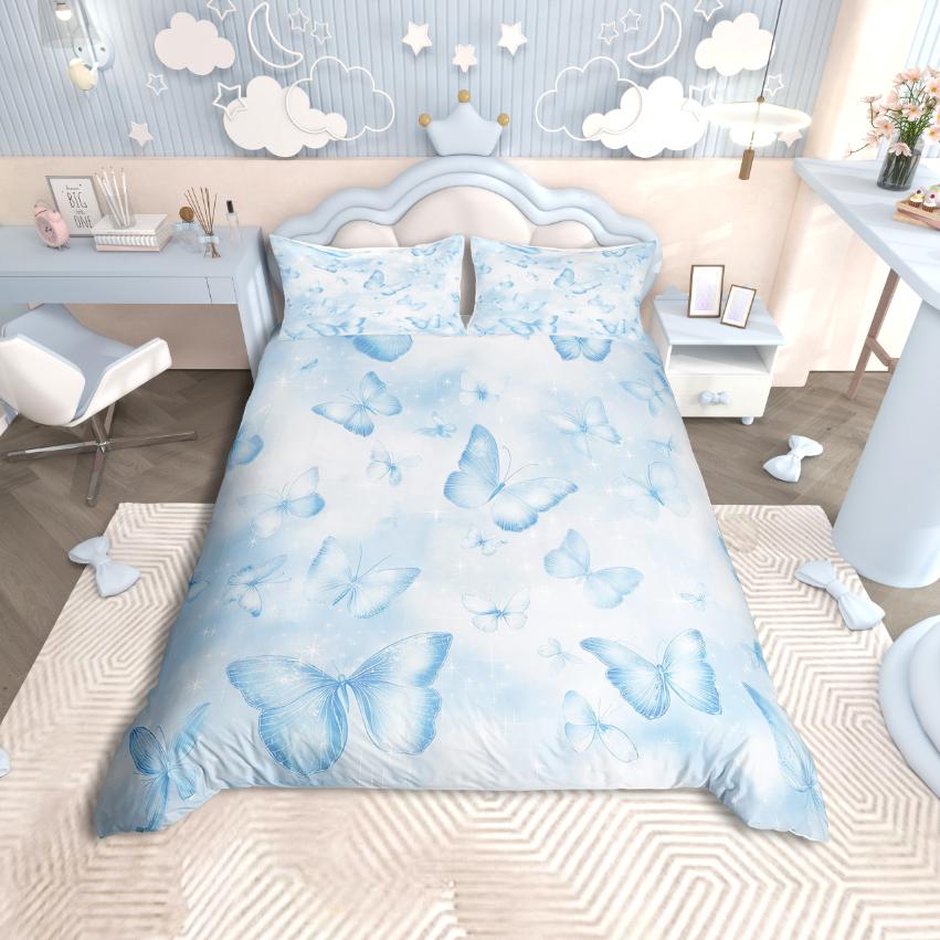 Homewish Kawaii Butterfly Duvet Cover Set,Girls Pink Comforter Cover Set,Fairy Tale Theme Bed Set For Girls Teens