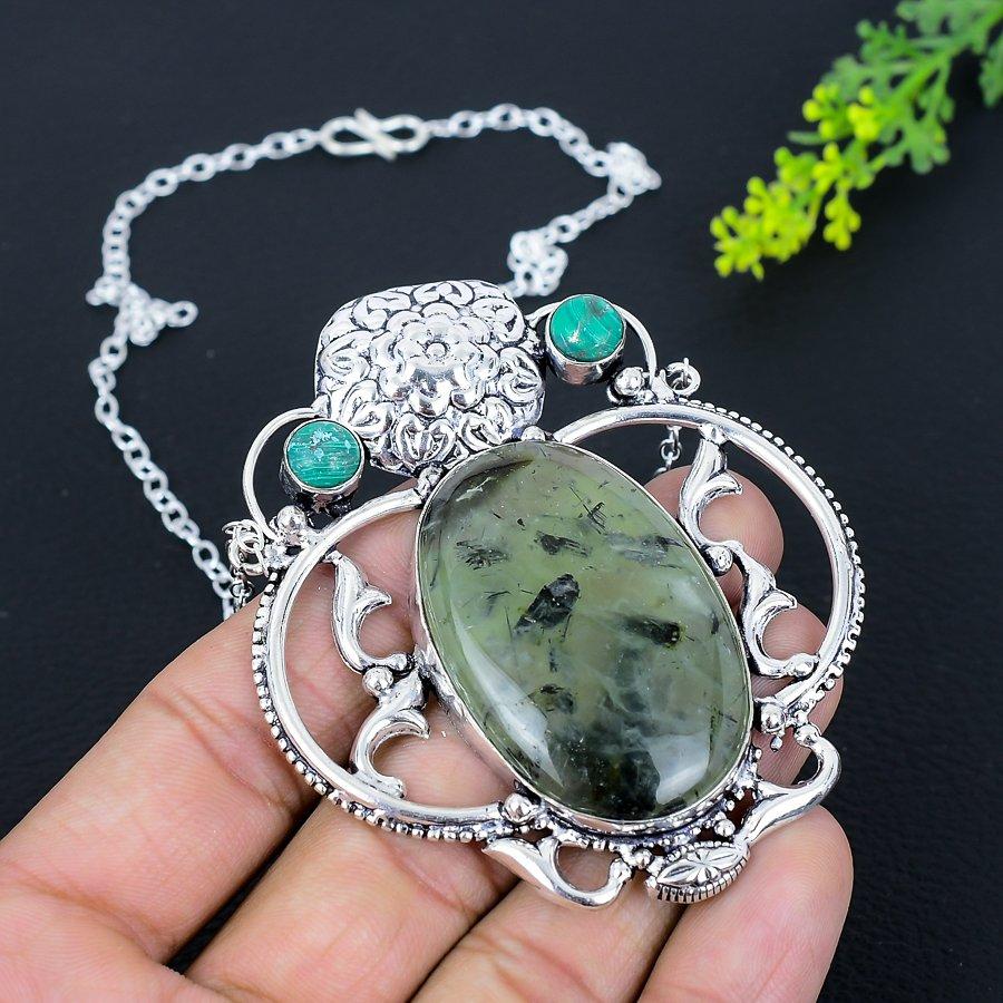 Natural Prehnite, Malachite Handmade 925 Sterling Silver Necklace 18" F7b16