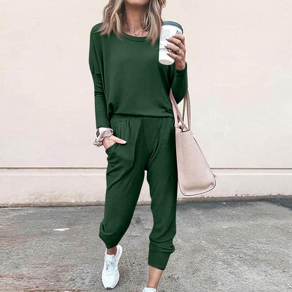 Sets For Women 2 Piece Round Neck Long Sleeve Shirts Colid Sweatpants Pocket Sets