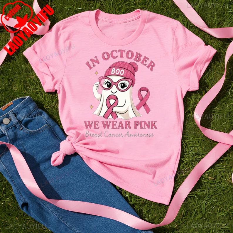 Breast Cancer Shirt In October We Wear Pink Bella Canvas Ghost Tee New Arrival Breathable Halloween Pink Ribbon Graphic Tshirt