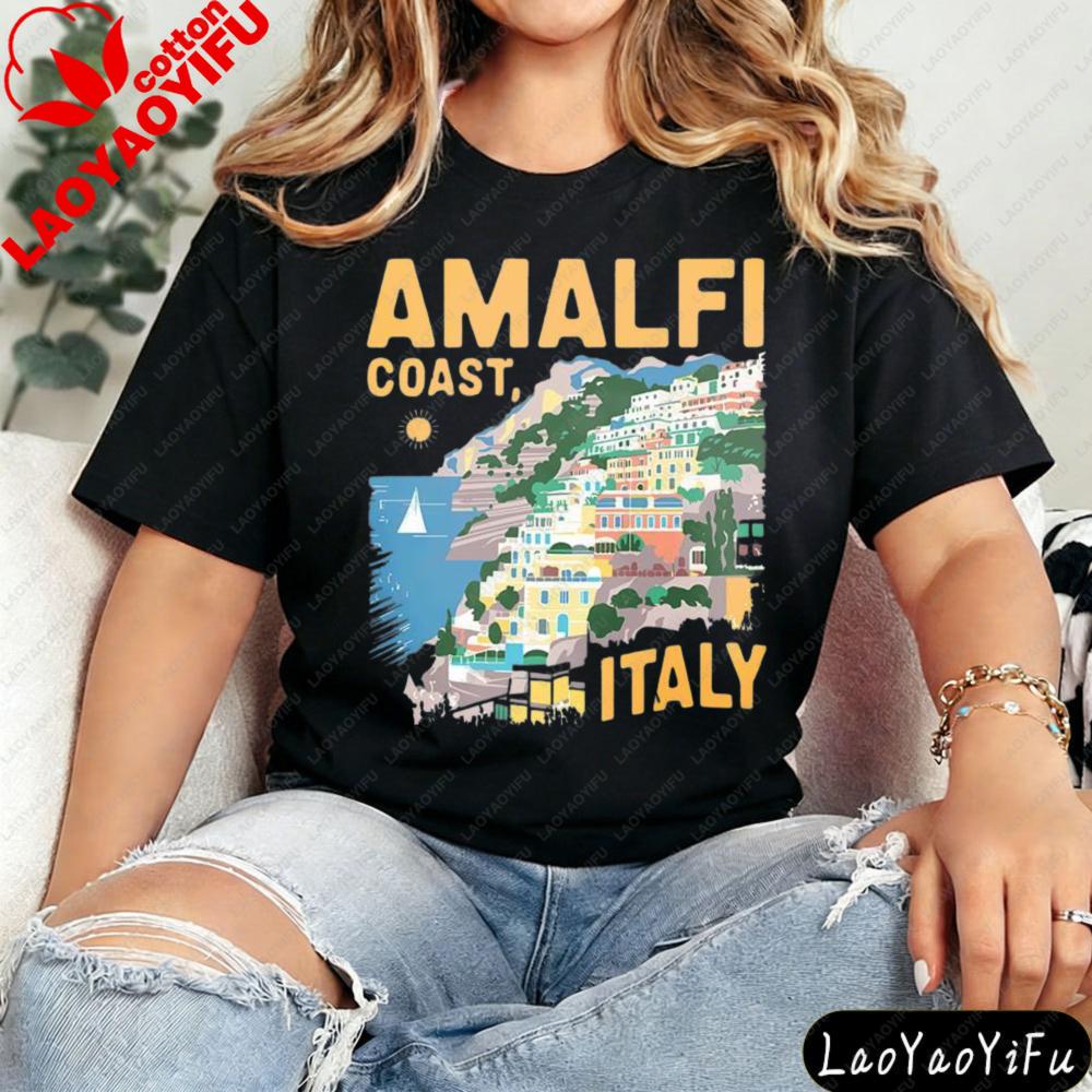 Amalfiküste T-Shirt Italien Küstenabenteuer T-Shirt Italienischer Badeort Kleidung Unisex Alltag Mode Lässig Baumwolle T-Shirts