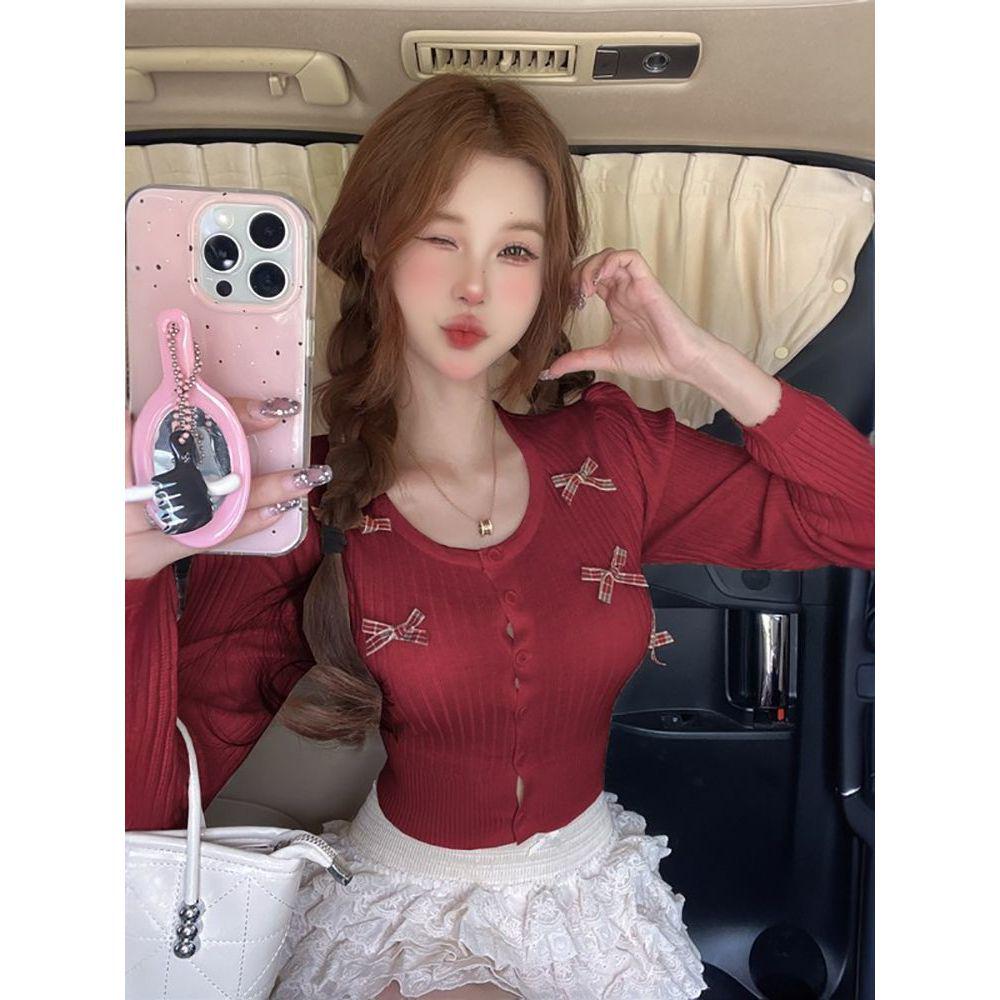 Women's Casual College-Style Bow Knit Cardigan - Small, Round Neck, Autumn/Winter