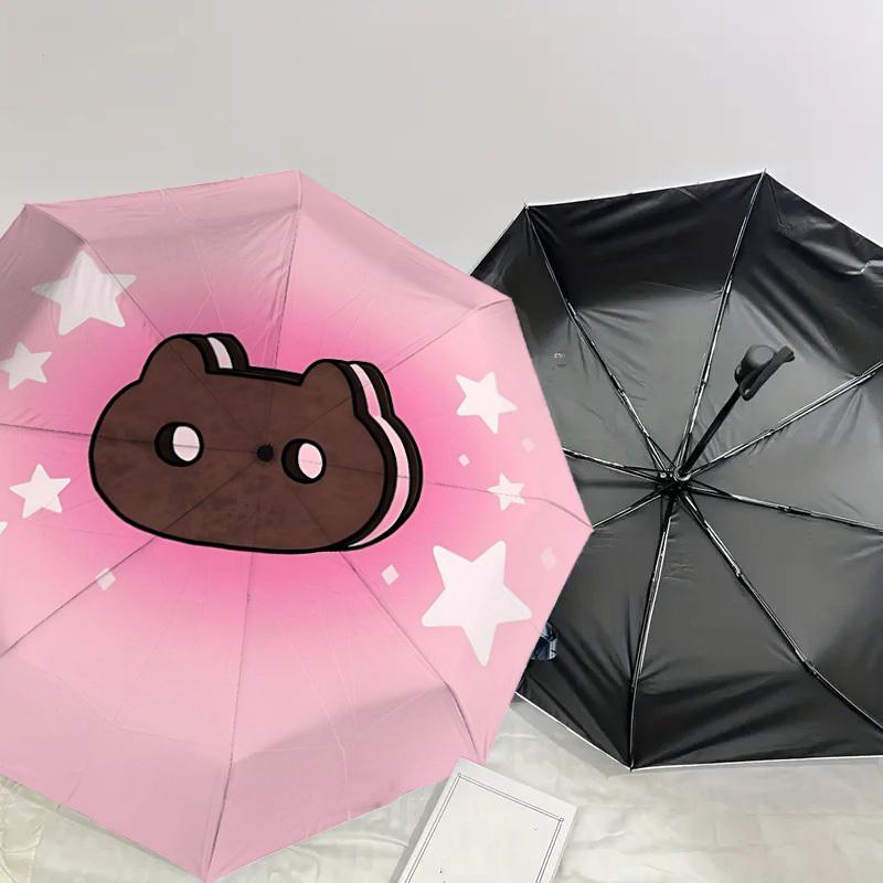 1pc Cookie Cat Automatic Folding Umbrella 8 Rib Iron Frame, Compact Portable Umbrella Suitable for Travel, Daily Use, Birthday, Women & Men Gift 035