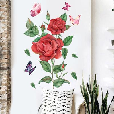 Realistische Rosen und Schmetterlinge Blumenwandaufkleber für Hintergrund Selbstklebend Abnehmbar Heimdekoration