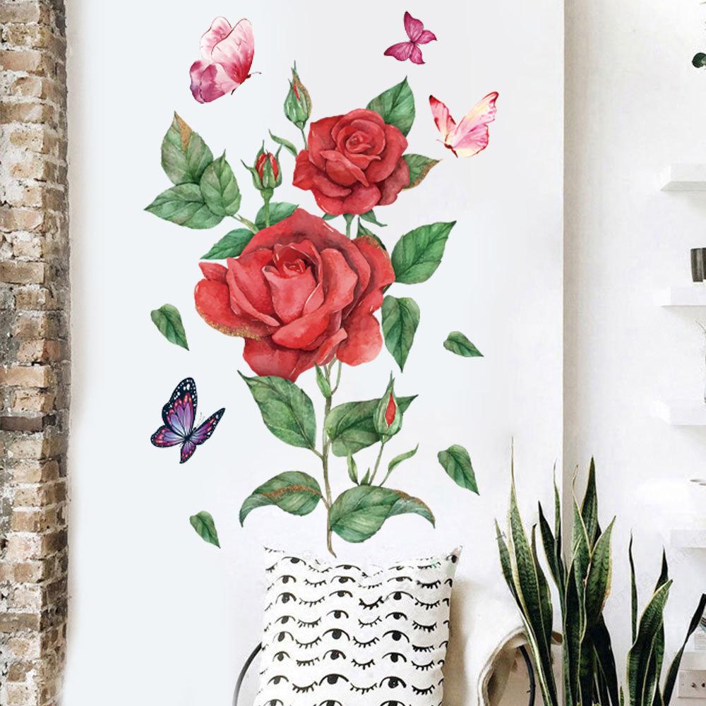 Realistic Roses and Butterflies Flower Wall Sticker for Background Self-Adhesive Removable Home Decor