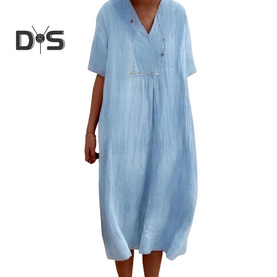 

Летнее женское платье с V-образным вырезом и короткими рукавами, сплошной цвет, большой подол, свободный пуловер, повседневная одежда, платье миди, длинное платье для свиданий и поездок на работу L светло-синий