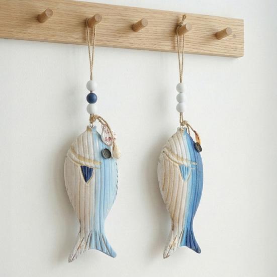 Wall Hanging Decoration Fish Shaped Wood Carving Pendant with Lanyard Easy to Hang Versatile Wall Art for Bathroom Door Entrance