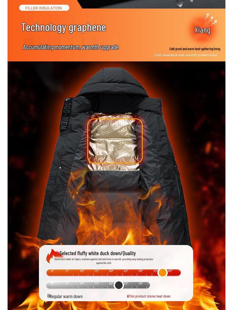 Men's Mid-Length Hooded Black Down Jacket - Thickened Winter White Duck Down Coat for Warmth