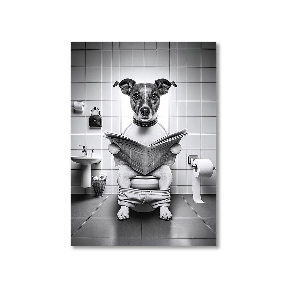 1PC Unframed Funny Pet Dog in Toilet Reading Newspaper Play Canvas Painting Animal Pictures Wall Art for Home Bathroom Decor