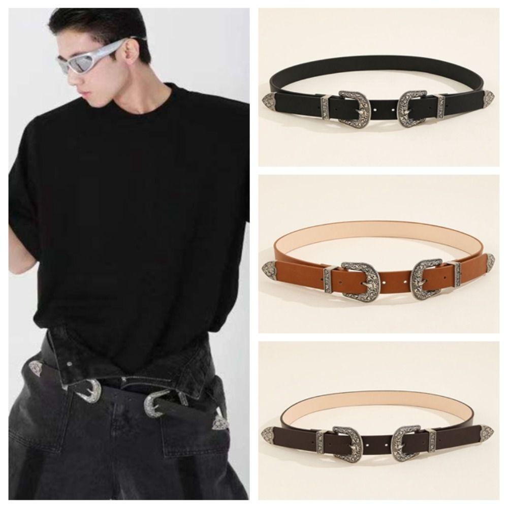 Cool Carved Buckle Belt Wide PU Vintage Waistband Versatile Double Buckle Waist Belt  Couple