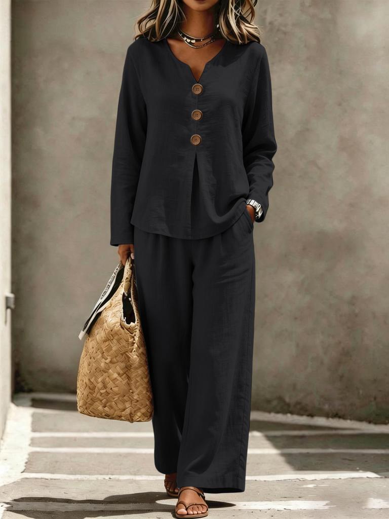European and American in-stock cross-border foreign trade women's new casual button V-neck long-sleeve top and pants set