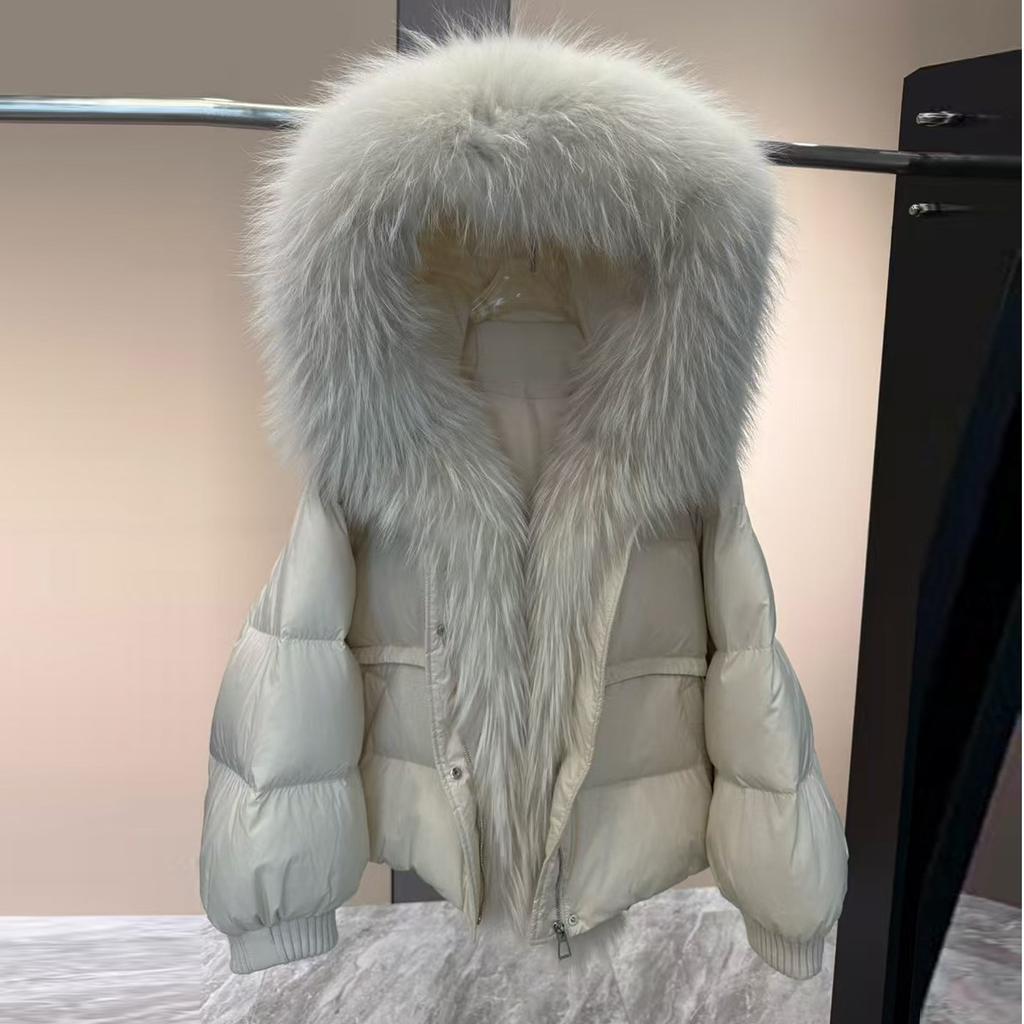 Winter new fur raccoon big fur collar white goose down jacket women's short loose thickened hooded jacket